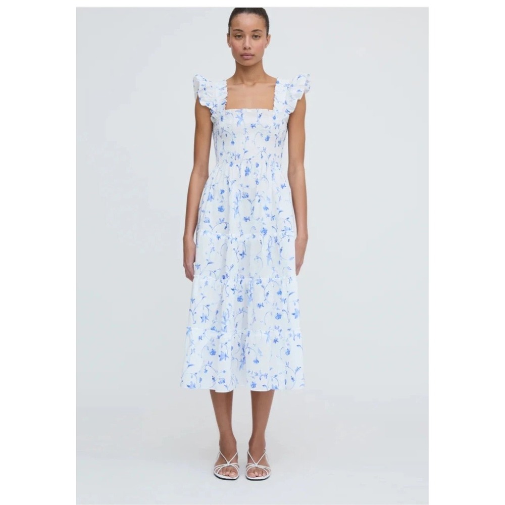 Hill House Home The Ellie Nap Dress Blue Floral Ruffle Smocked Cottage Sz XXS